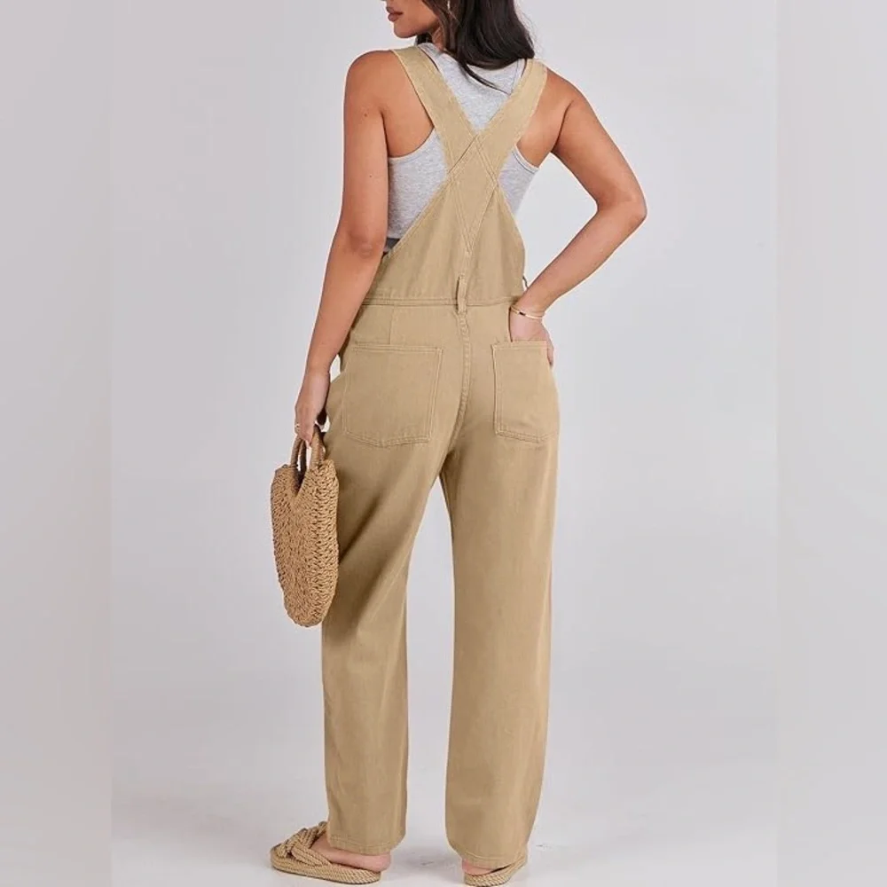 NEW Anrabess Small 4/6 Khaki Cross Back Design Denim Overalls - Picture 3 of 14